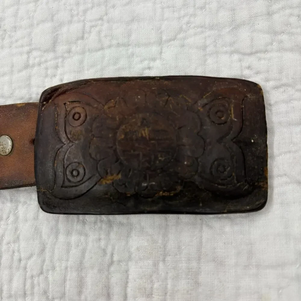 Vintage 70s Tooled Buckle Belt Navajo Geometric Leather Hippie Turquise Paint